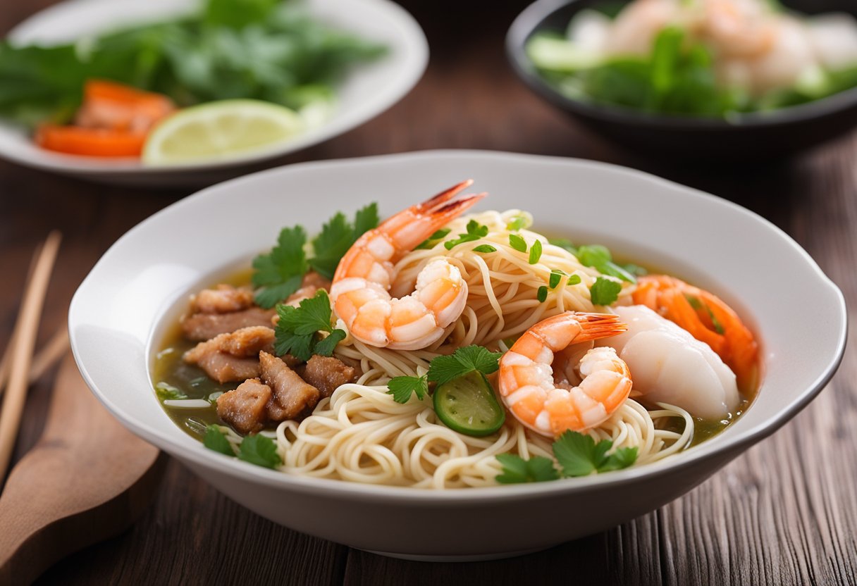 A steaming bowl of Hoe Nam Prawn Noodles sits on a wooden table, garnished with fresh prawns, slices of tender pork, and fragrant herbs