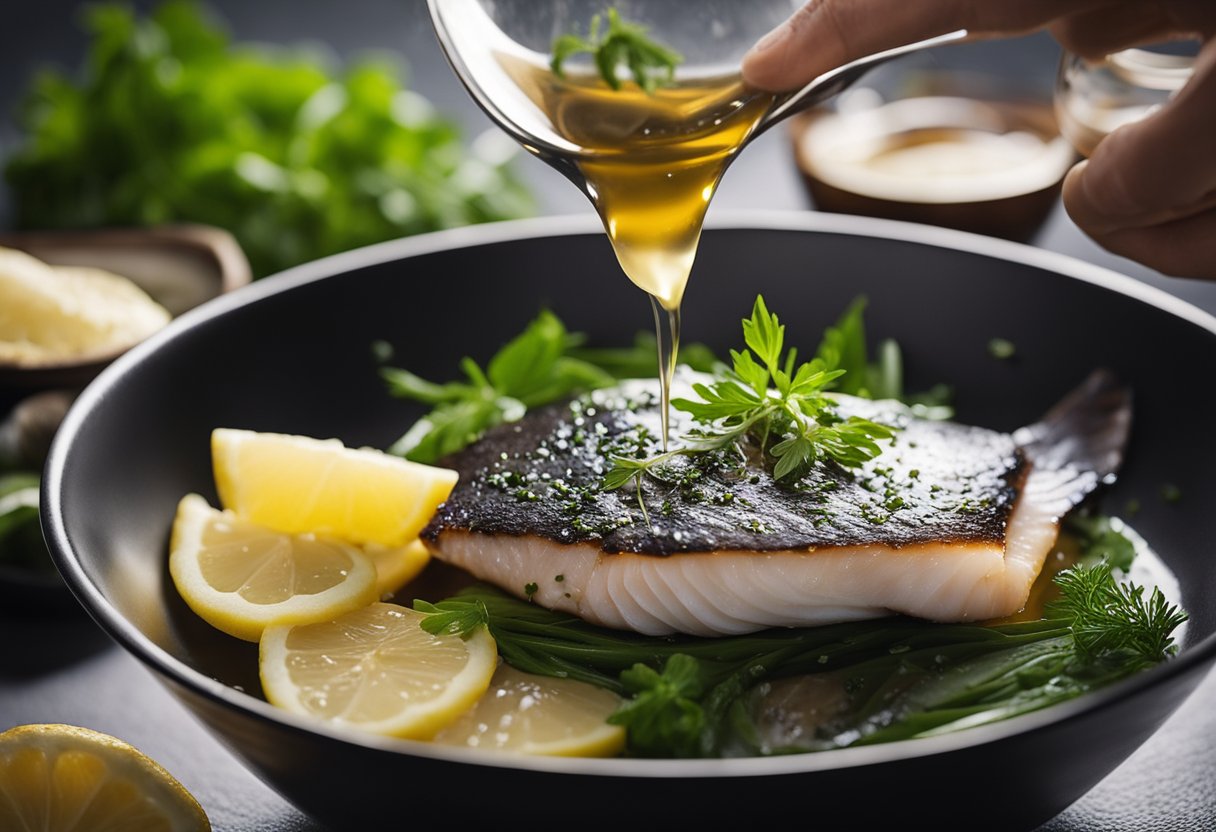 Fish fillets in a bowl with soy sauce, lemon juice, garlic, and herbs. Stirring and covering with plastic wrap