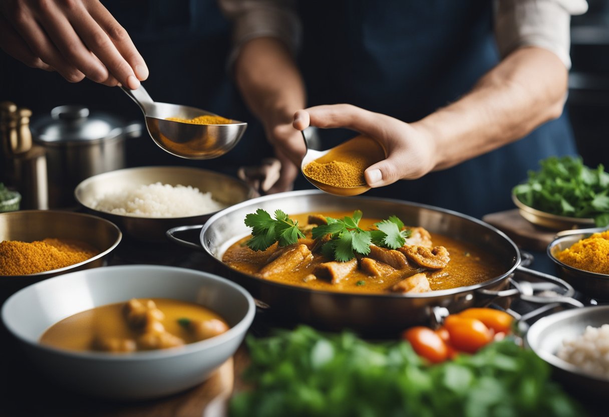 A hand reaches for spices and fresh fish, while a pot simmers on a stove. Ingredients are laid out, ready to be combined for a spicy fish curry