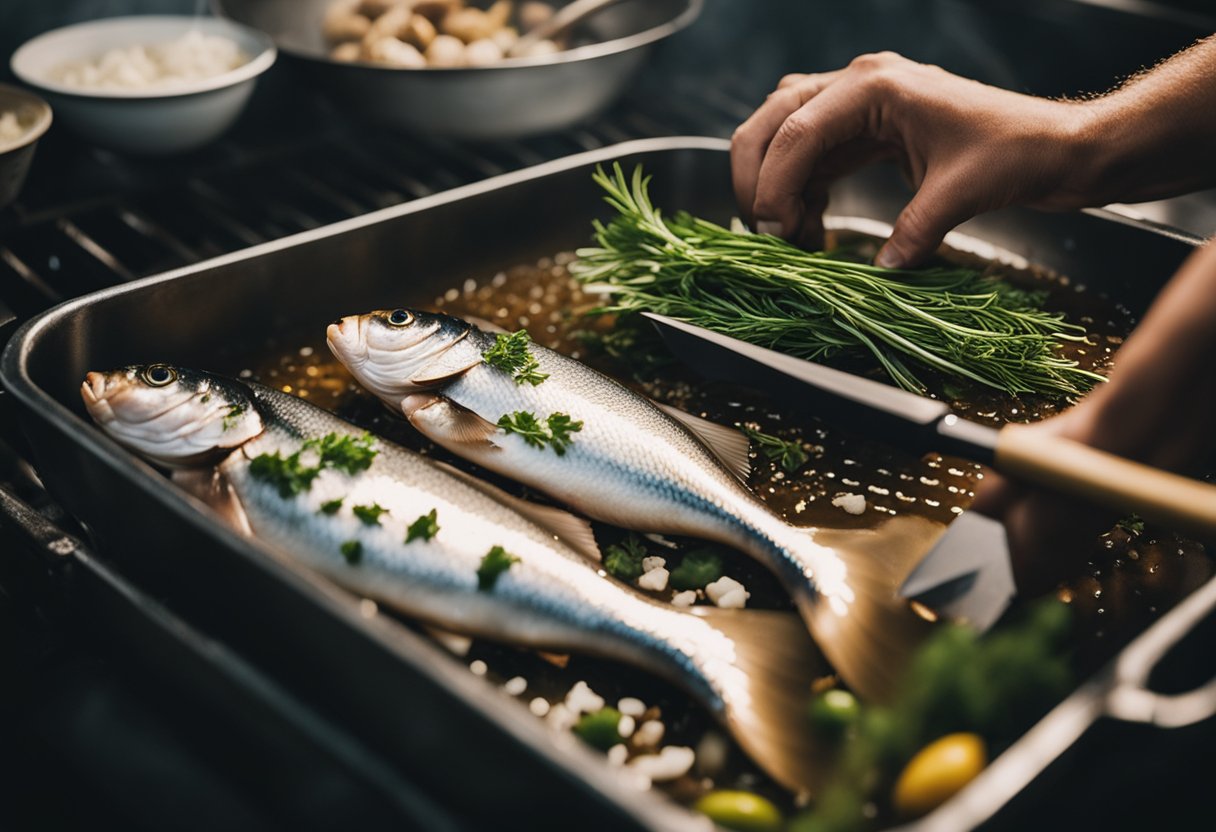 Fresh fish being cleaned, scaled, and gutted. Then, the fish is being scored and marinated with herbs, spices, and oil for the BBQ