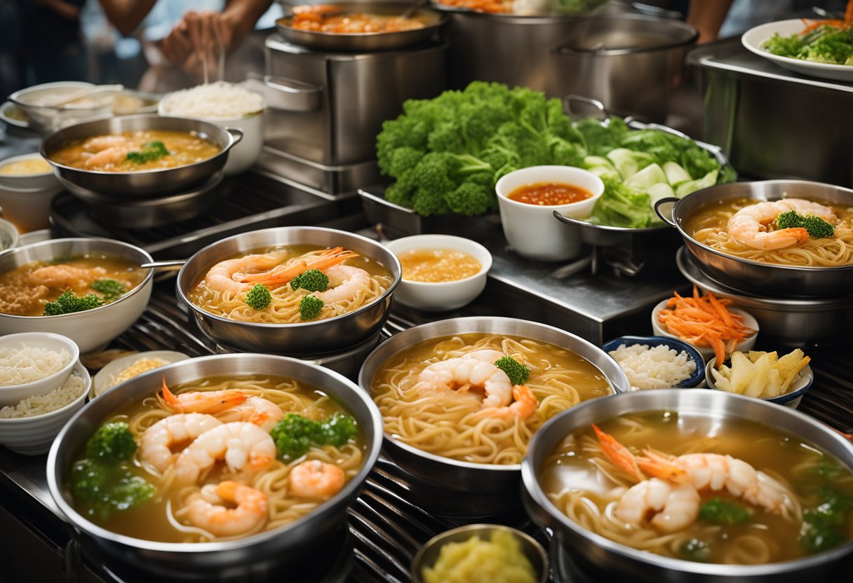 A bustling hawker center with steaming pots of prawn noodles, diners slurping up the savory broth, and a sign proudly displaying "Hoe Nam Prawn Noodles."