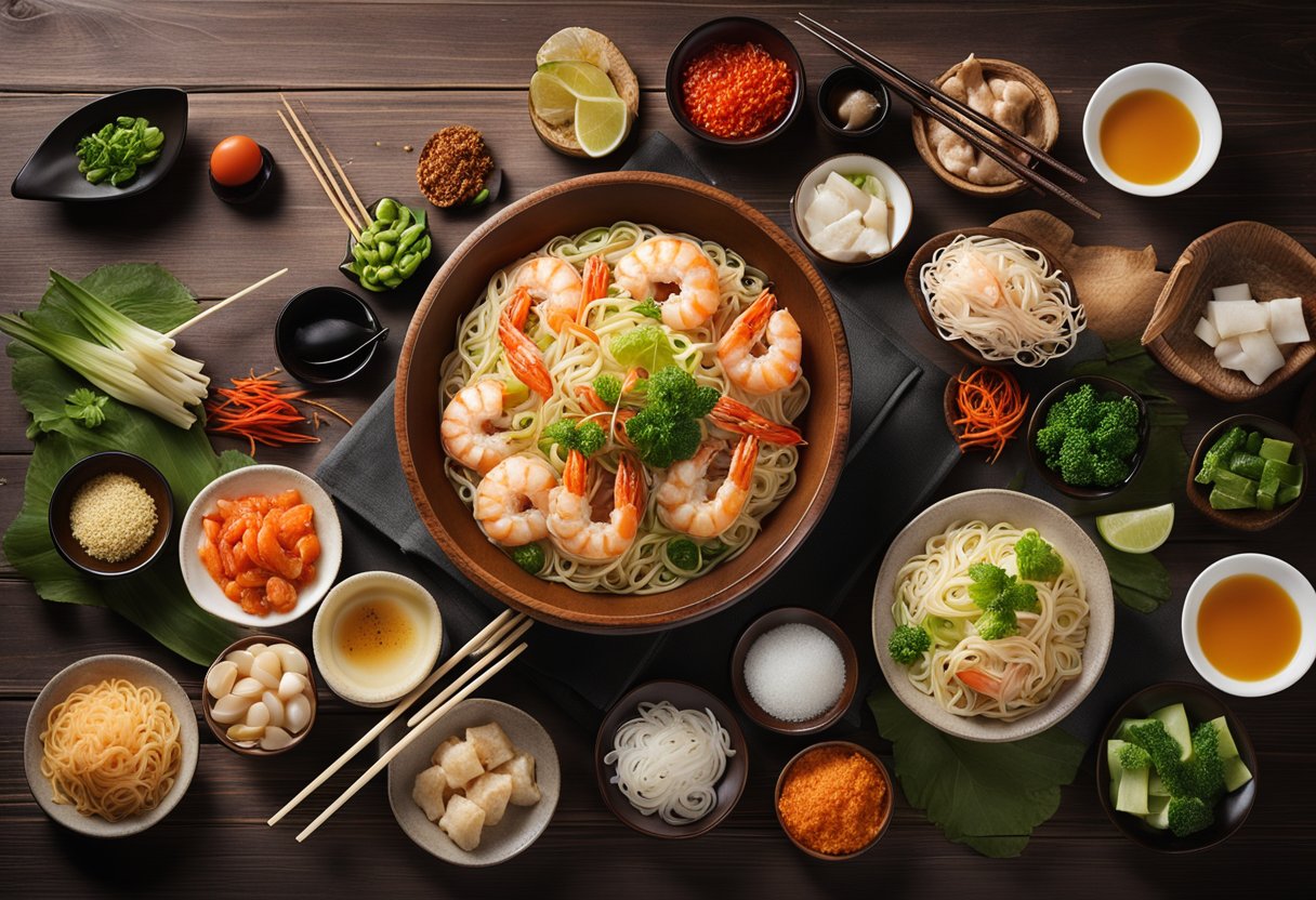A steaming bowl of prawn noodles surrounded by condiments and chopsticks on a wooden table