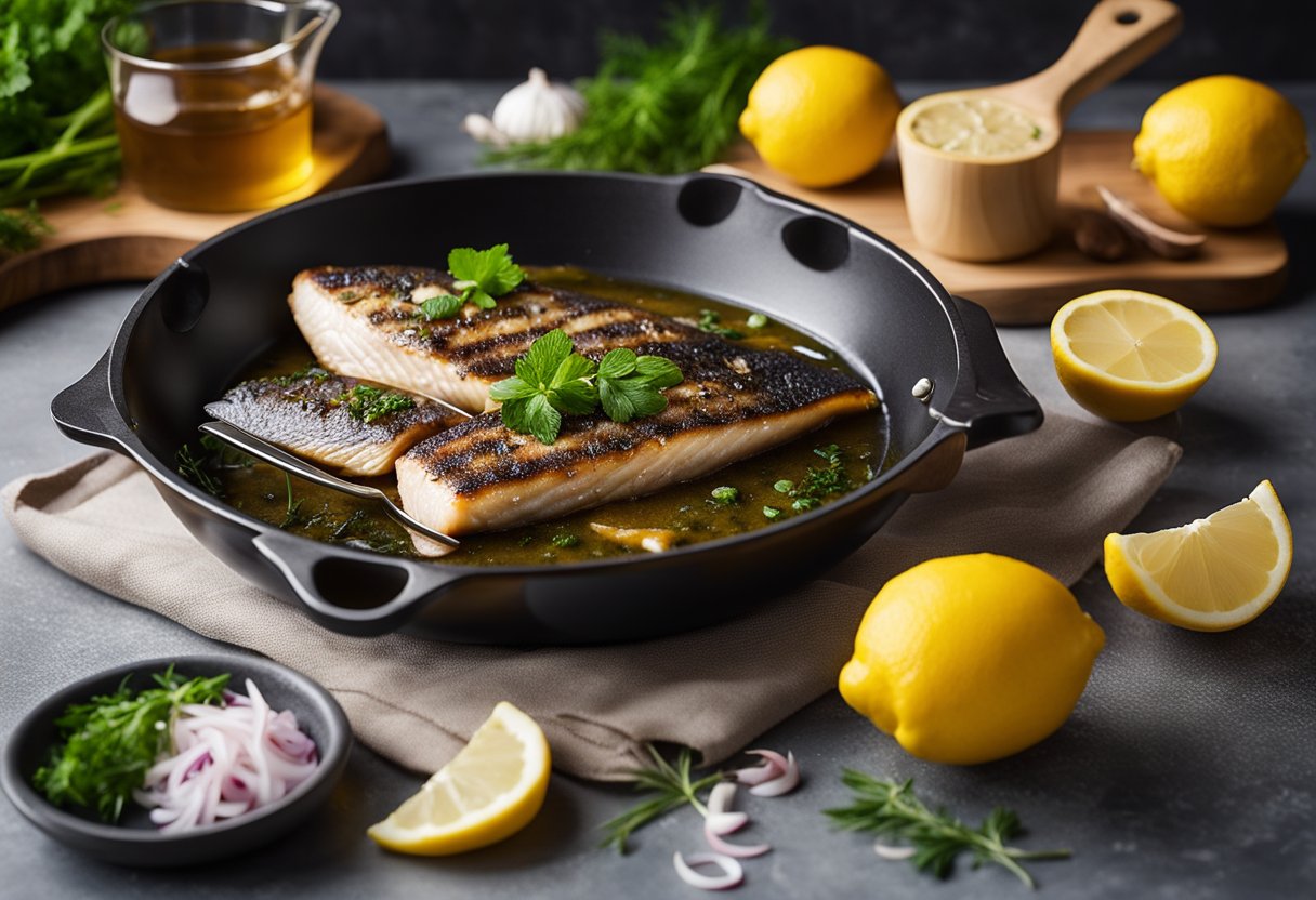 Fish fillets submerged in a bowl of marinade, with ingredients like lemon juice, garlic, and herbs scattered around. A grill and BBQ tools in the background