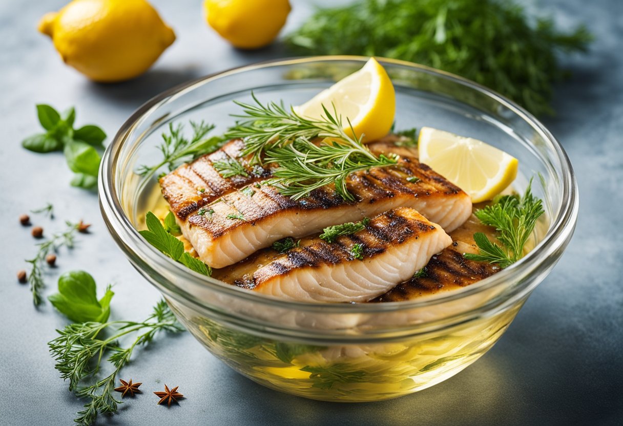 Fish fillets submerged in a mixture of oil, lemon juice, herbs, and spices in a glass bowl. BBQ grill in the background