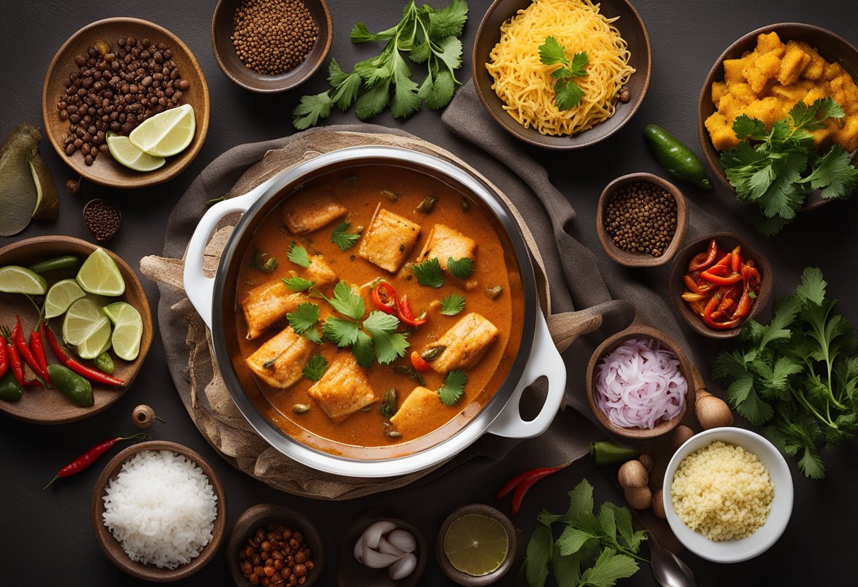 A pot simmers with red fish curry, surrounded by bowls of spices and ingredients. A cookbook titled "Spicy Fish Curry" is open to a page with a list of FAQs