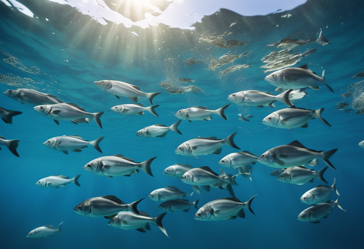 A group of hoki fish swimming in a school, with their sleek bodies and distinctive silver color, moving gracefully through the clear blue ocean water