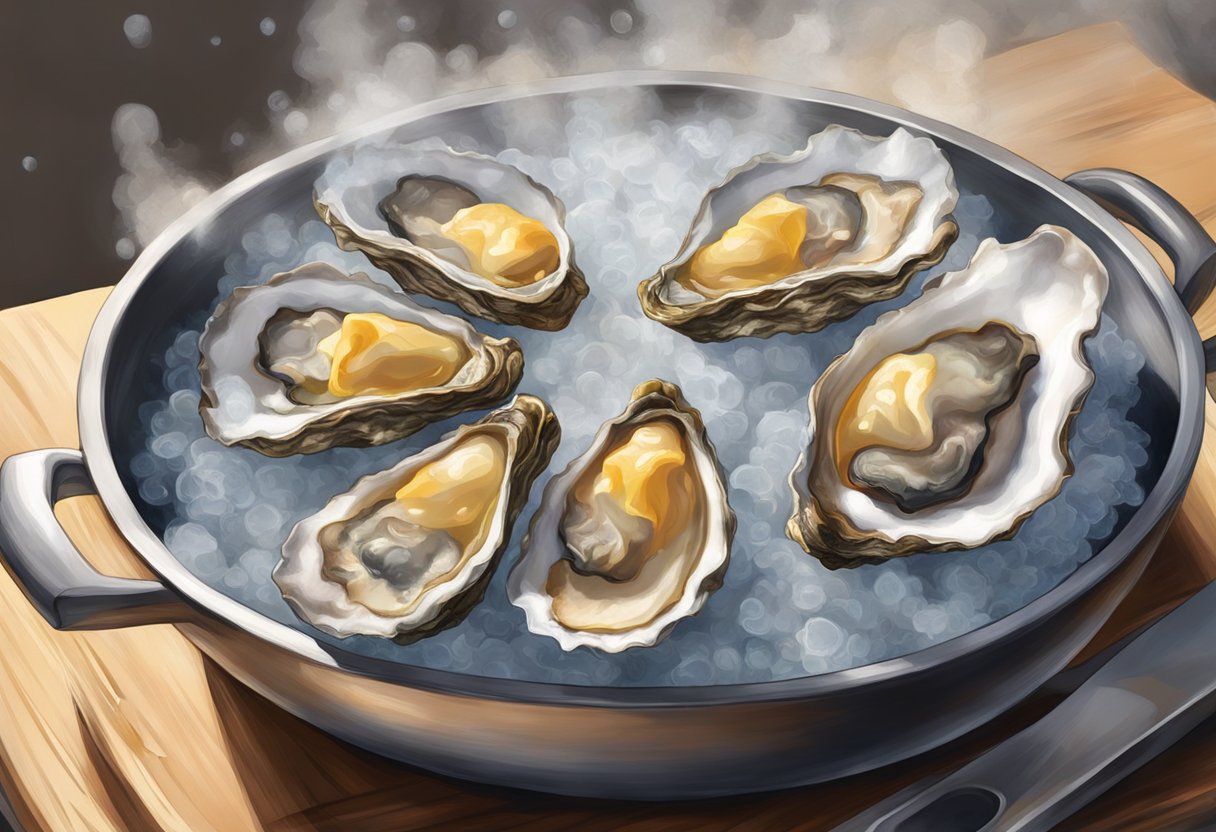 Oysters sizzling on a hot surface, shells beginning to crack open, steam rising, and a sense of anticipation in the air