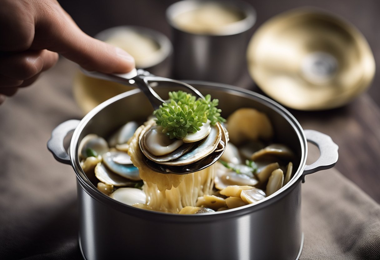 A can opener pierces the lid of a tin of abalone, releasing a burst of briny aroma. The succulent mollusk sits nestled in its own juices, ready to be savored