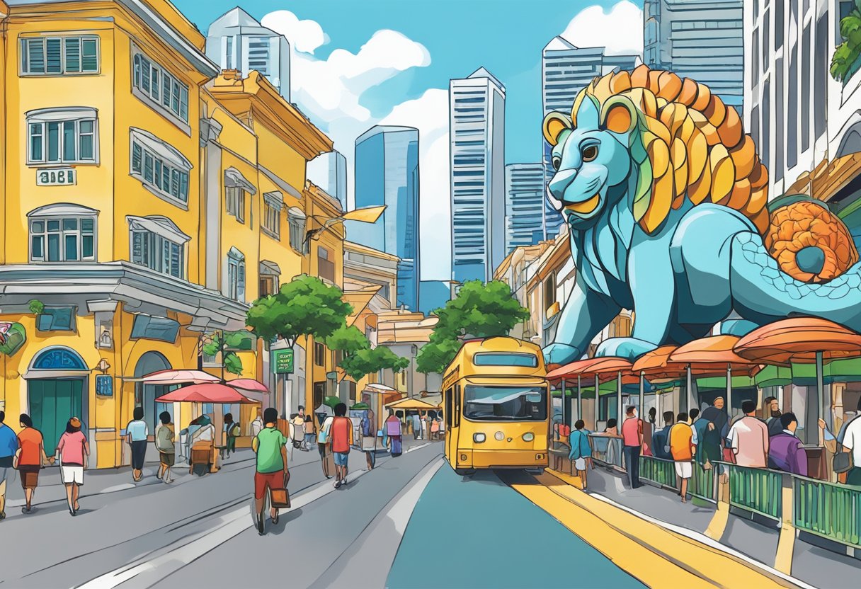 The bustling streets of Singapore are adorned with colorful buildings and bustling with activity. The iconic symbol of the city, the Merlion, stands proudly in the background, while the famous "holy crab" restaurant sign catches the eye of passersby