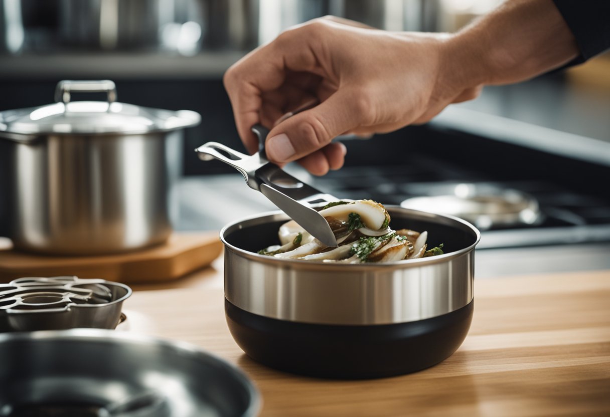 A can opener pierces the lid of a can of abalone, while a chef's knife slices the meat into thin strips. A pot of boiling water waits on the stove