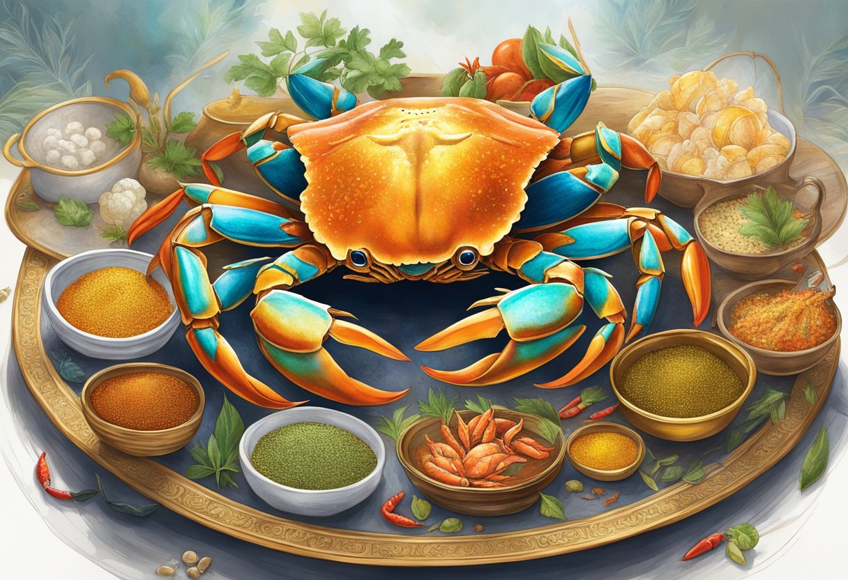 A majestic crab stands proudly atop a golden platter, surrounded by vibrant spices and herbs, emanating a divine aura at Holy Crab Singapore