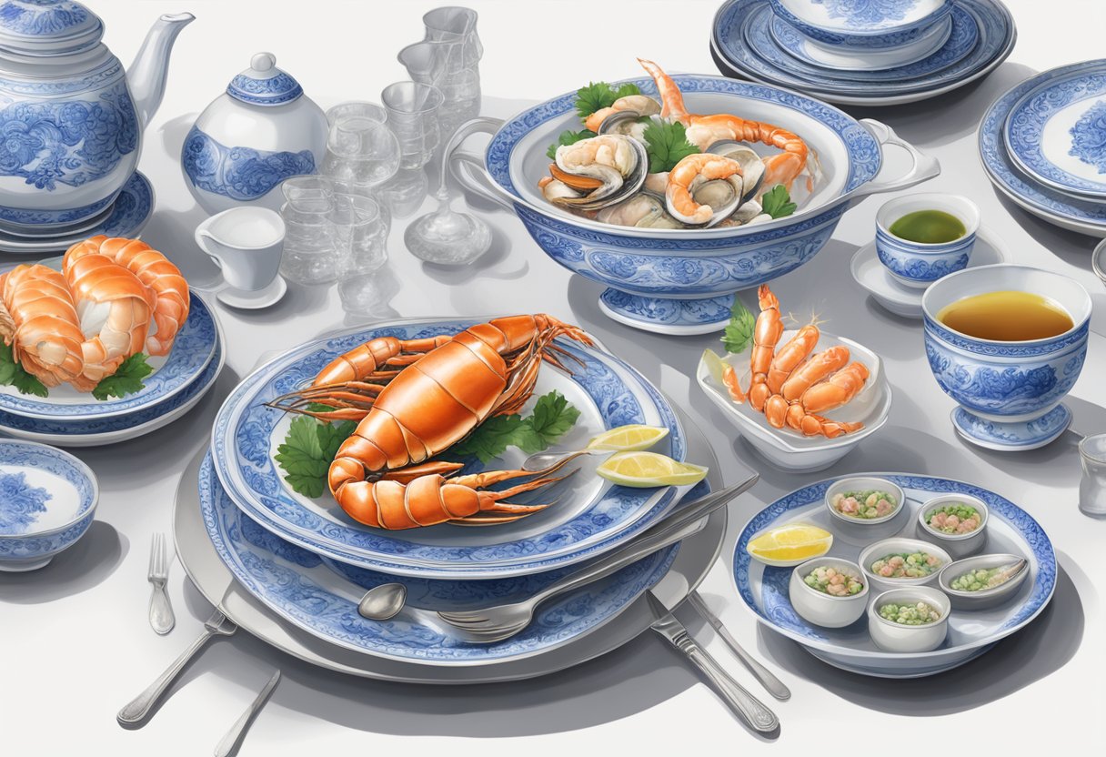 A table set with vibrant blue and white porcelain dishes, delicate silver cutlery, and a centerpiece of fresh seafood at Holy Crab Singapore