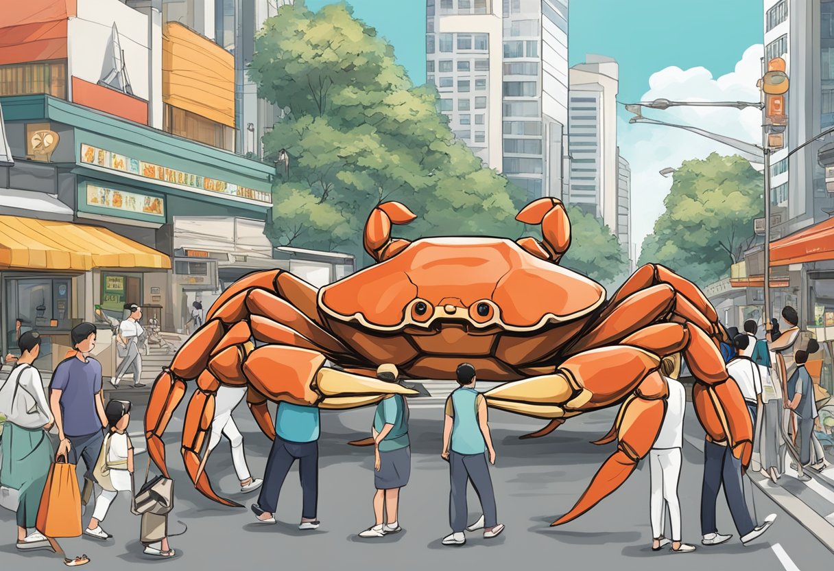 A crowded street with a prominent sign for "Frequently Asked Questions" and a giant crab sculpture, representing Holy Crab in Singapore