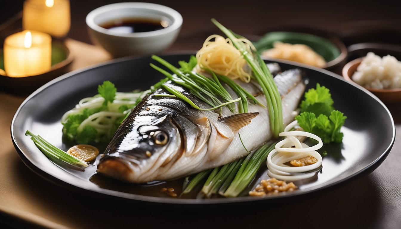 A whole steamed fish with ginger and scallions, placed on a round plate with a side of soy sauce, surrounded by steam rising from the dish