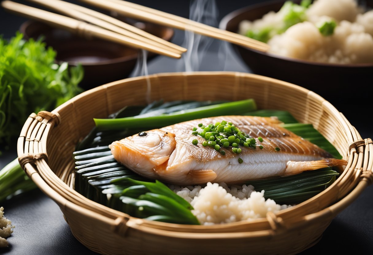 A whole fish steaming in a bamboo basket, surrounded by ginger, scallions, and soy sauce. A cloud of steam rises from the basket