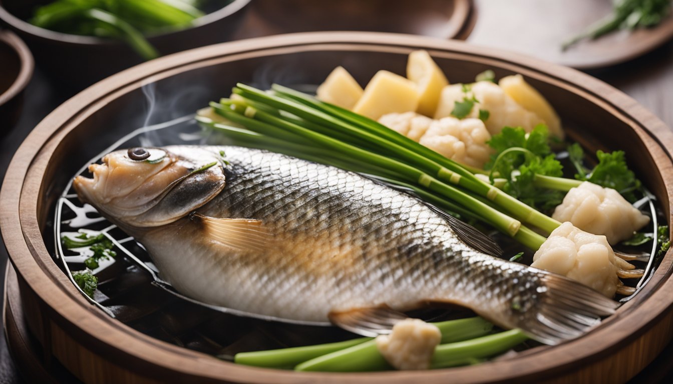 A whole fish steams in a bamboo steamer, surrounded by ginger, scallions, and soy sauce. Steam rises from the pot