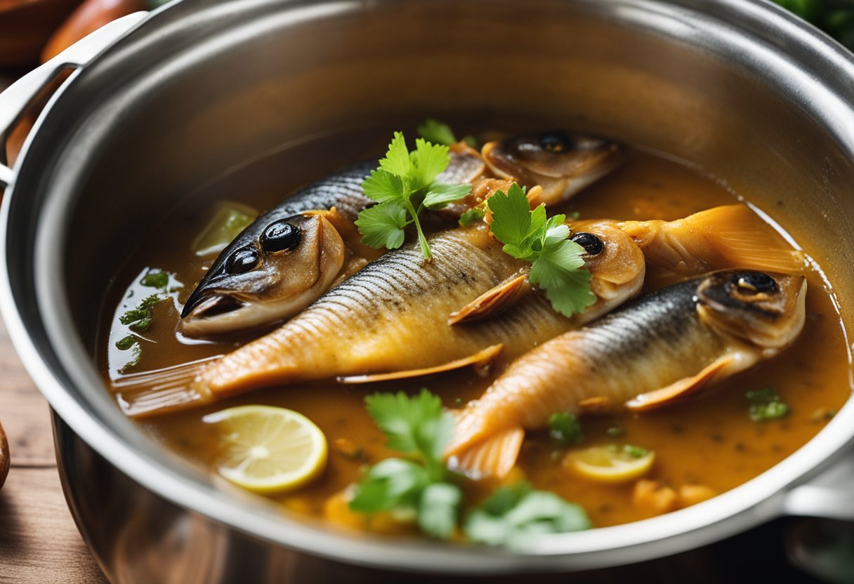 A pot simmering with fish, tamarind, coconut milk, and aromatic spices for preparing fish kulambu
