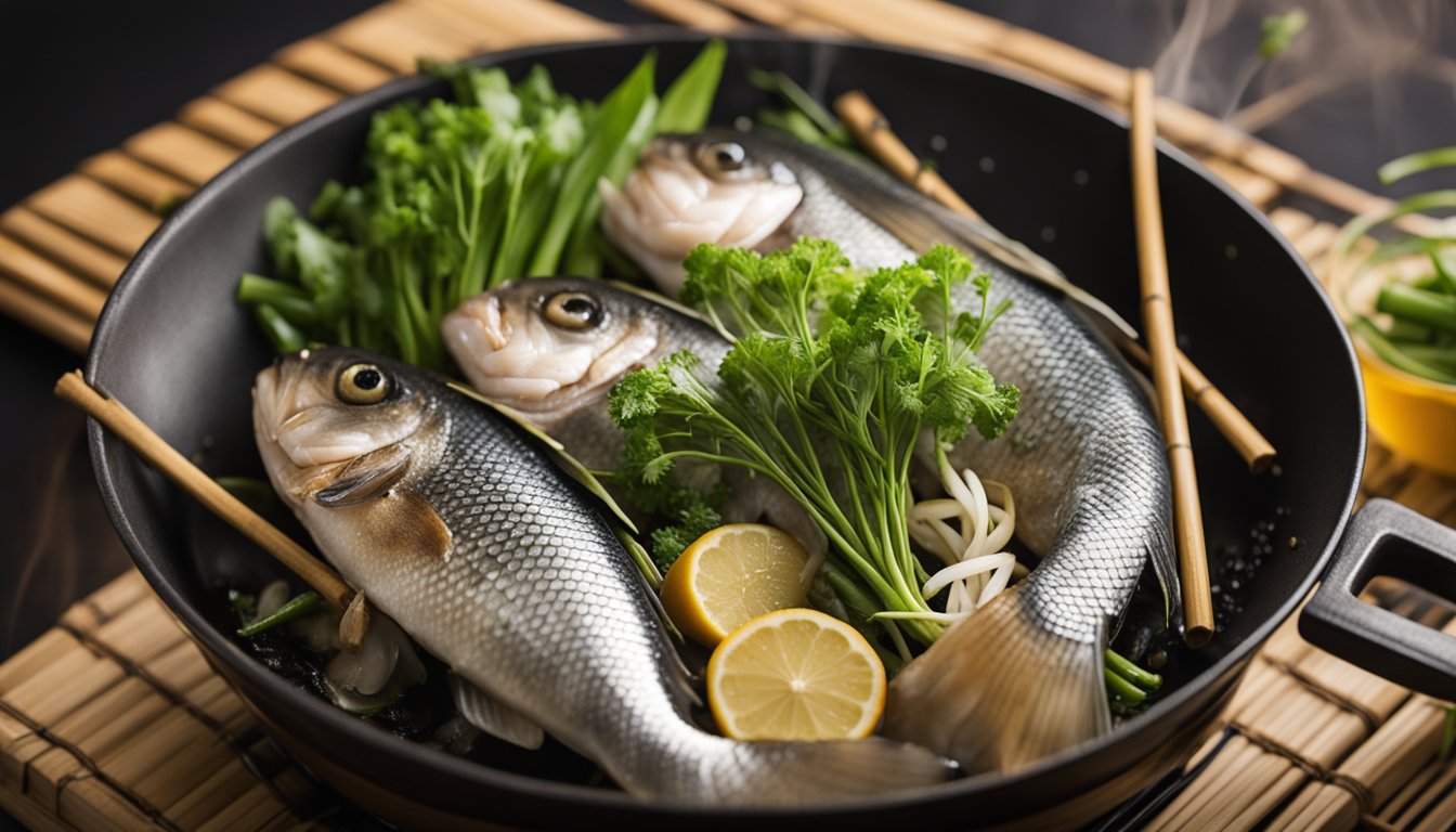 A steaming bamboo basket sits atop a wok, releasing fragrant steam. Inside, a whole fish is perfectly cooked, adorned with ginger, scallions, and soy sauce