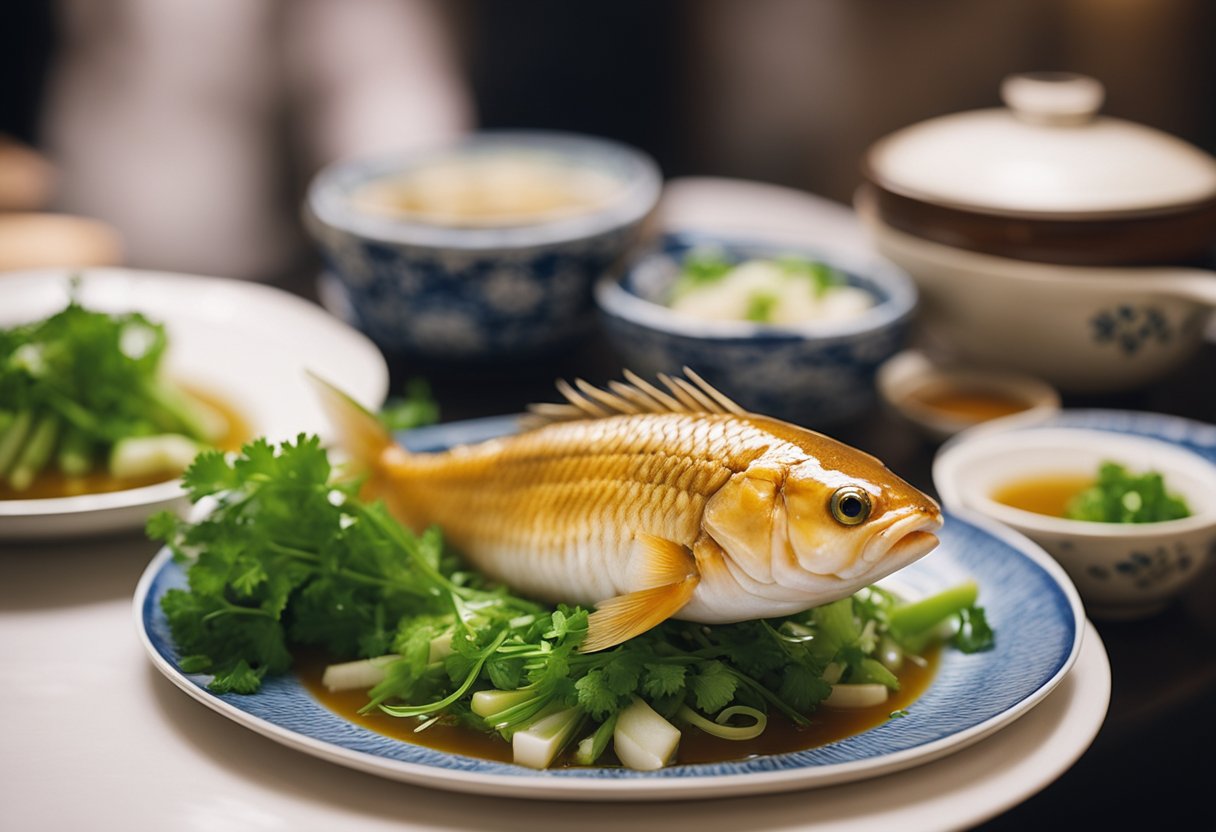 A whole fish, steamed to perfection, is served in a traditional Hong Kong-style dish. The fish is delicately flavored with ginger, soy sauce, and scallions, and garnished with fresh cilantro