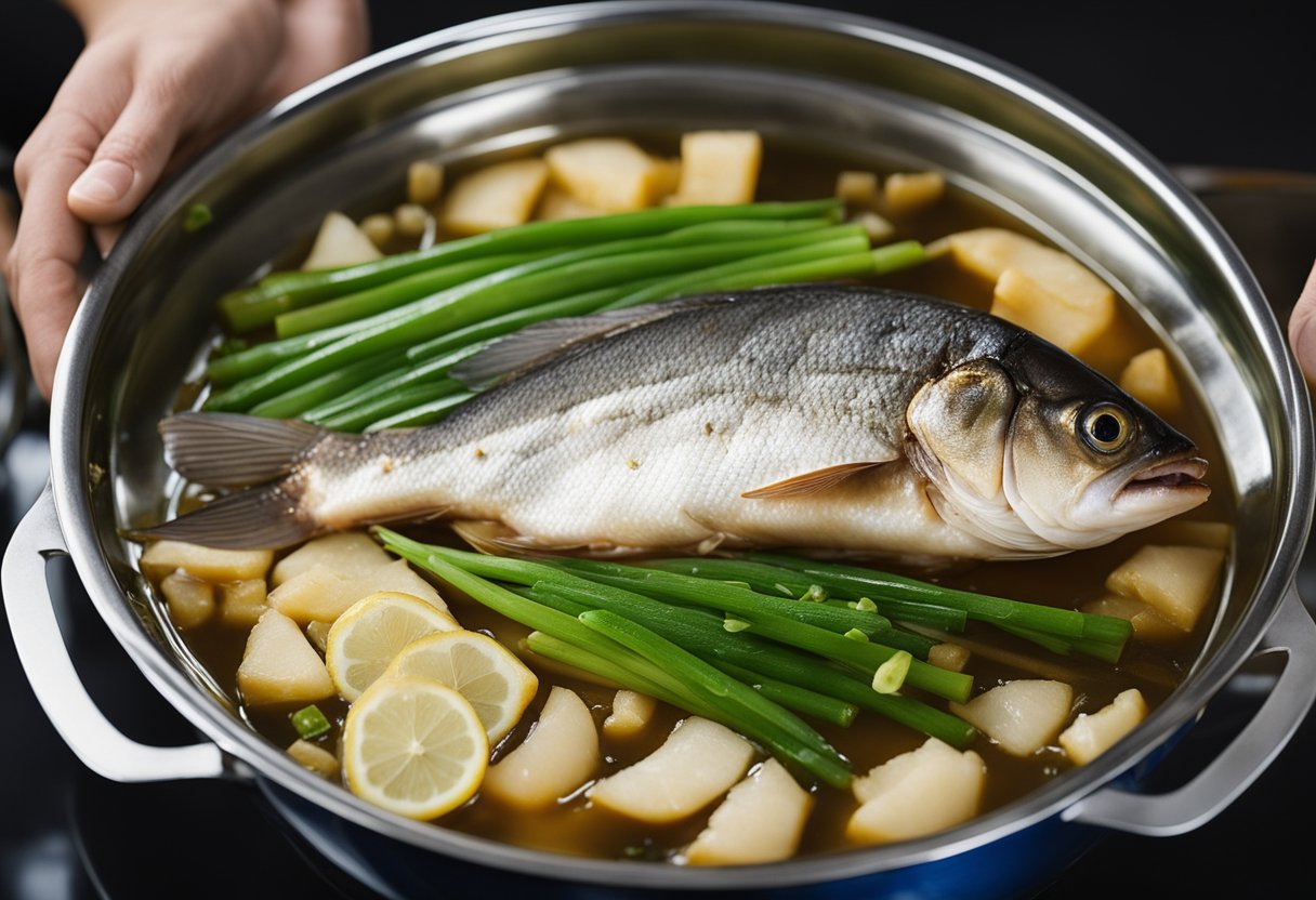 A whole fish is being cleaned and scaled. It is then steamed with ginger, scallions, and soy sauce, creating a fragrant and flavorful dish