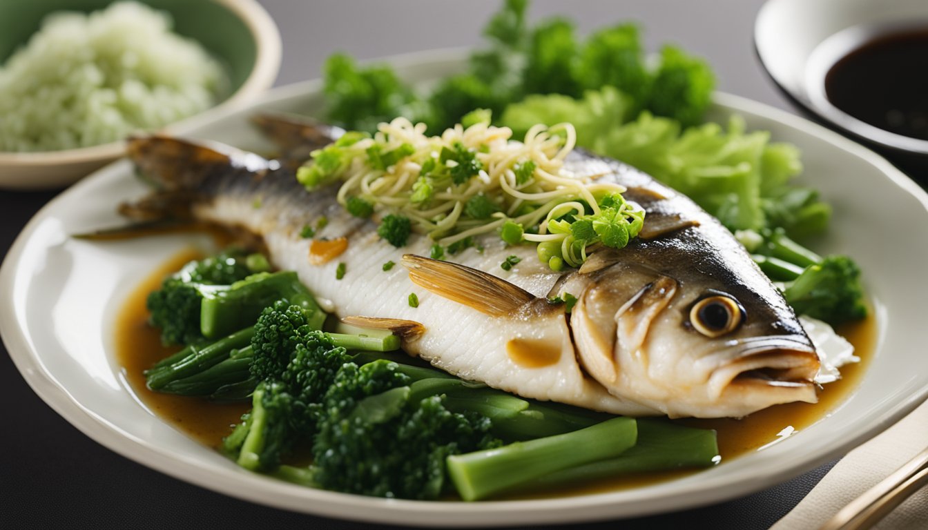 A whole steamed fish on a bed of green vegetables, with a fragrant sauce drizzled over the top. A side of rice and a bowl of soup complete the meal