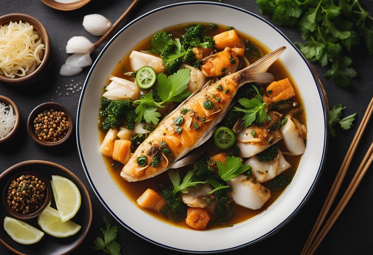 A steaming hot fish dish with aromatic herbs and spices, served in a traditional Hong Kong style