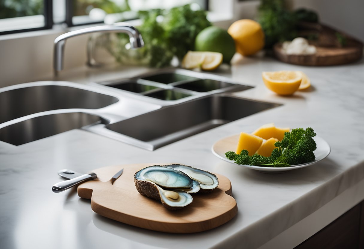 A clean, organized kitchen counter with a cutting board, knife, and defrosted abalone