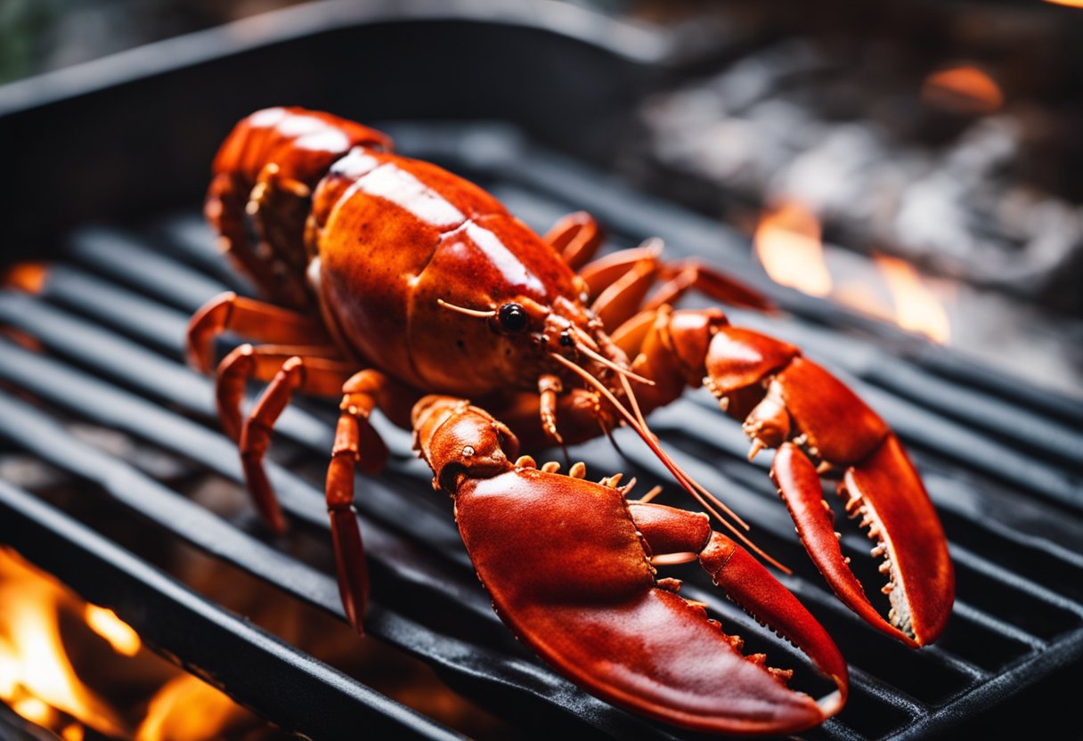 A lobster is split in half, cleaned, and brushed with oil before being placed on a hot grill. The lobster is then cooked until the meat is opaque and the shell turns bright red