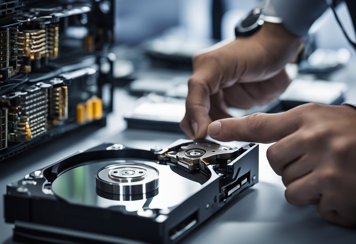 A technician retrieves data from a damaged external hard drive in a Brisbane office, achieving a high success rate on the same day