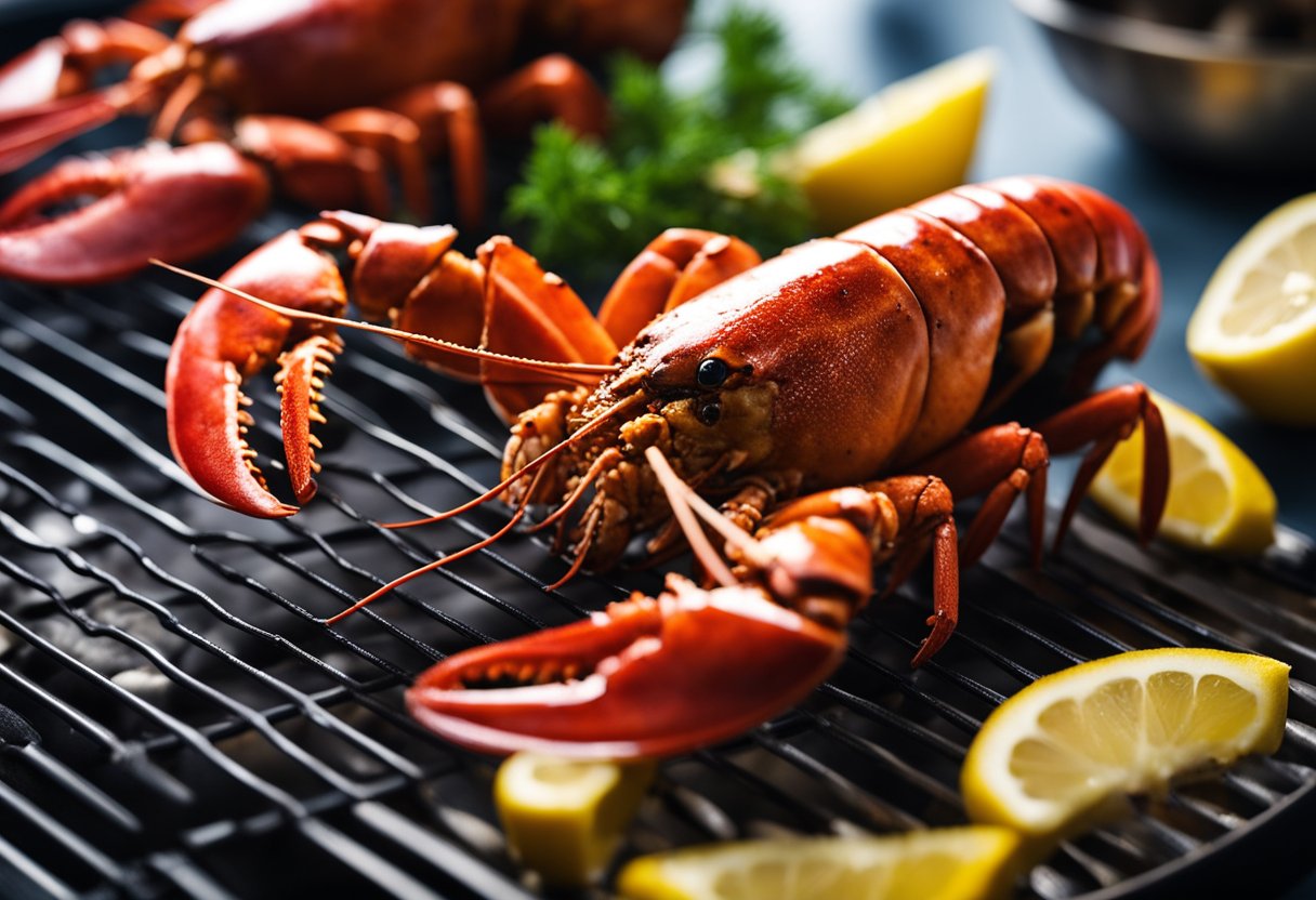 A lobster is being split in half and cleaned, then brushed with oil before being placed on a hot grill