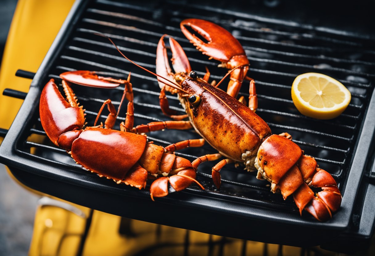 A lobster is split in half, brushed with butter, and placed shell-side down on a hot grill. The lobster is cooked until the shell turns bright red and the meat is opaque and firm