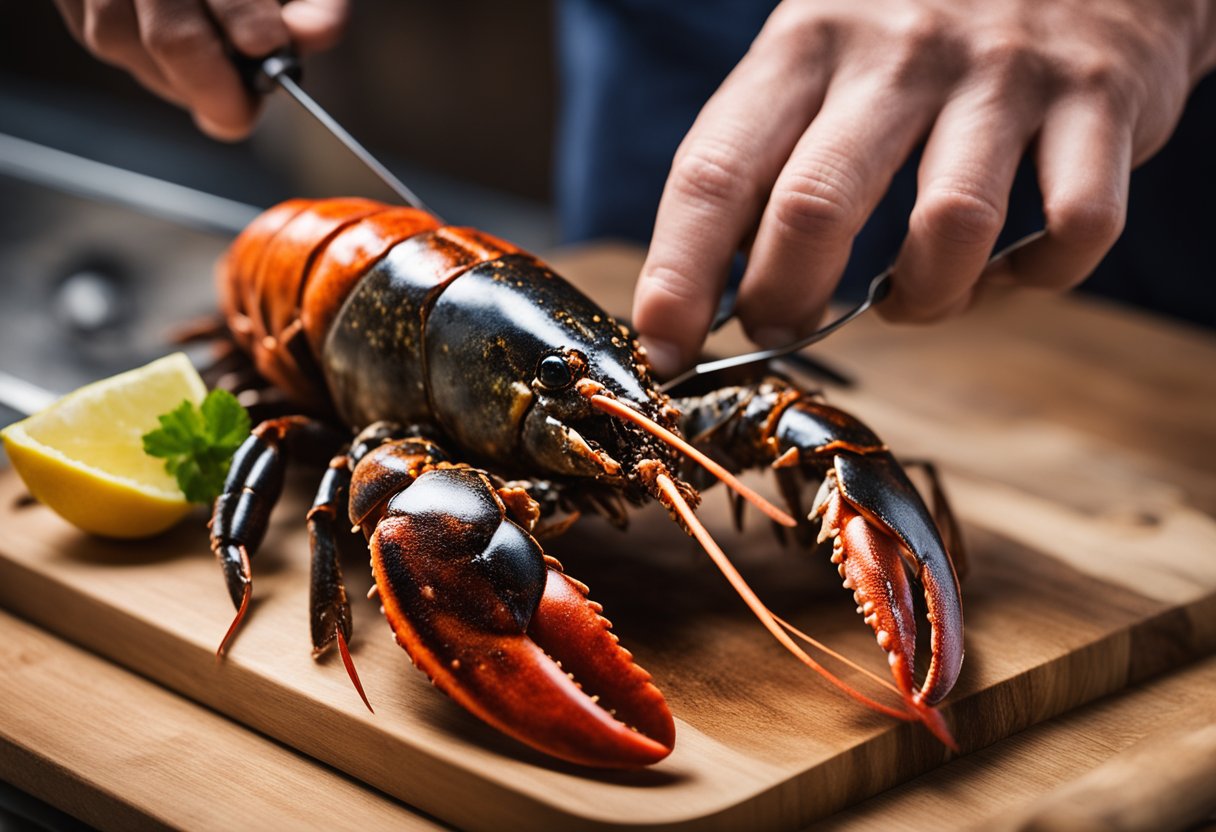 A lobster being cleaned and prepped for grilling, with the shell being split open and the insides being removed