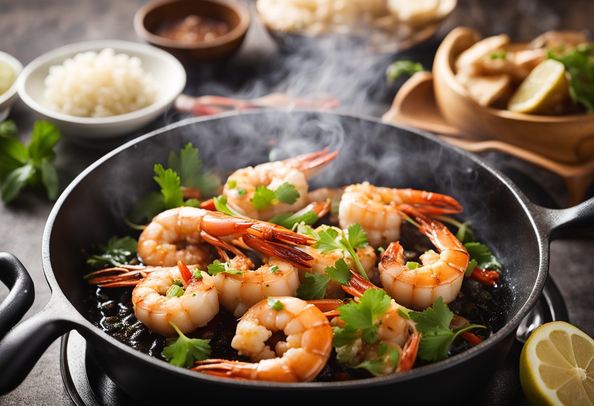 Sizzling prawns in a pan with garlic and chili, emitting steam and a mouth-watering aroma
