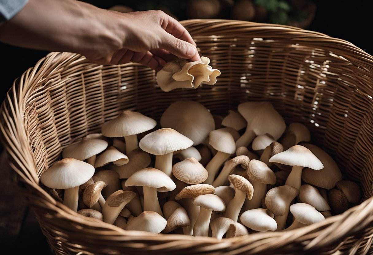 A hand reaches for a cluster of oyster mushrooms in a wicker basket. The mushrooms are carefully stored in a paper bag in a cool, dark pantry