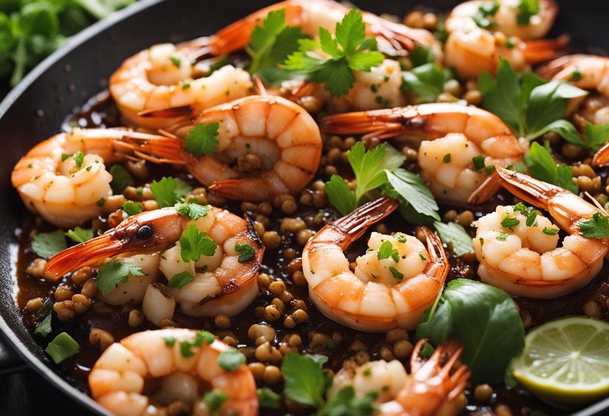 Prawns sizzling in a hot garlic sauce, surrounded by chopped herbs and spices on a sizzling skillet