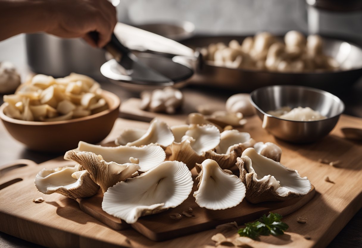 Oyster mushrooms being cleaned and sliced on a cutting board with various kitchen utensils nearby