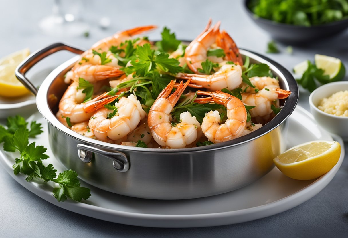 Garlic prawns sizzle in a hot pan. Steam rises as they are served on a white plate with a garnish of fresh herbs