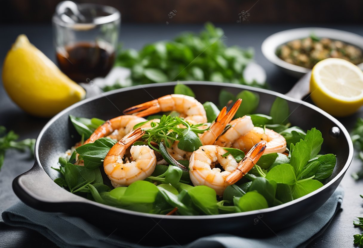 A sizzling skillet of hot garlic prawns, steam rising, surrounded by vibrant herbs and spices. A side of lemon wedges and a bed of fresh greens complete the scene
