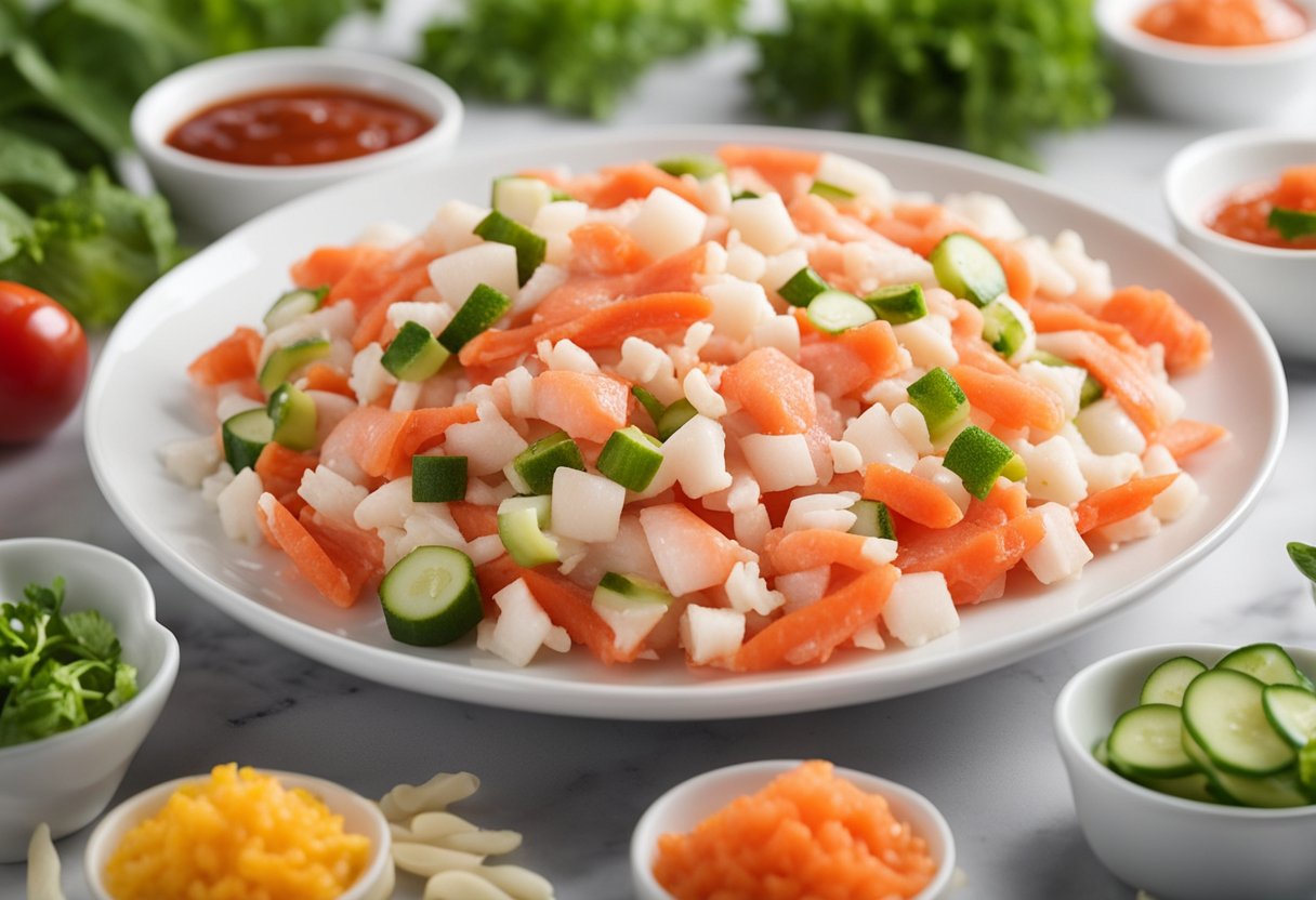 A pile of imitation crab meat sits on a white plate, surrounded by colorful vegetables and a drizzle of sauce