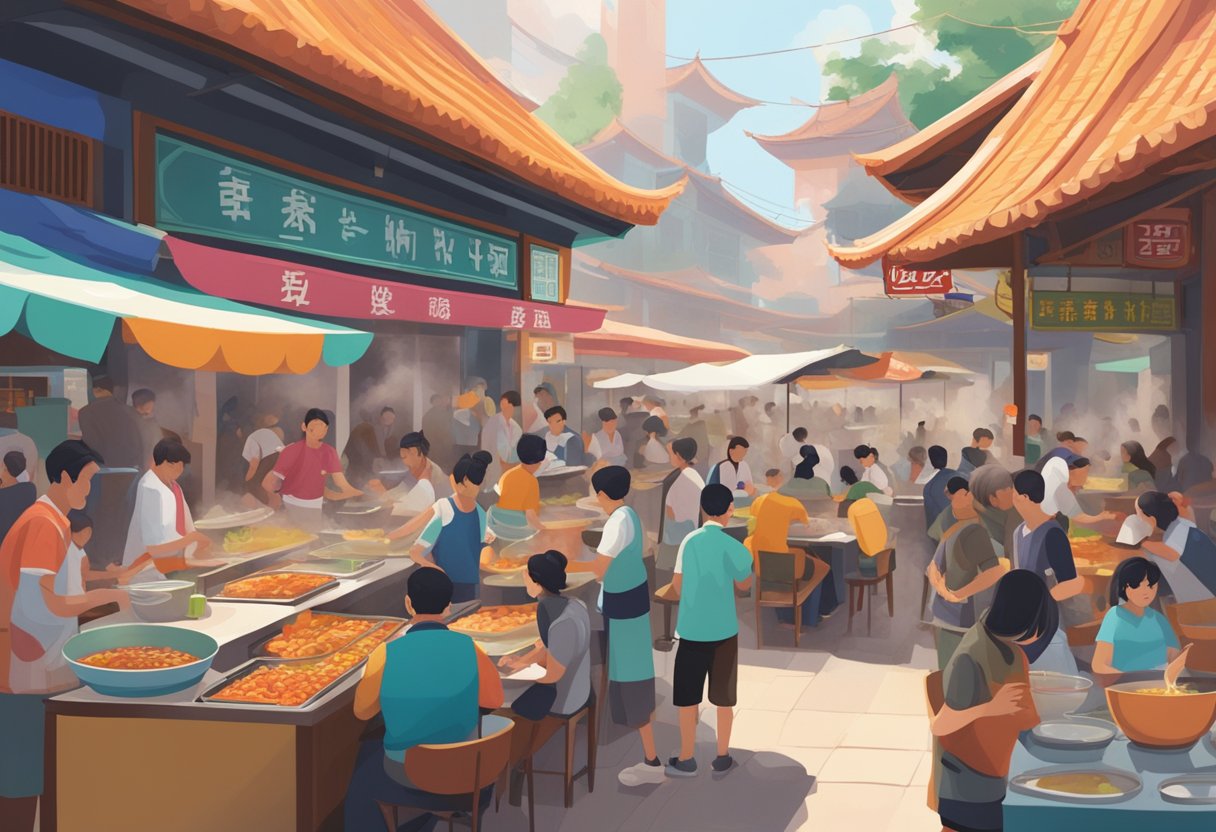 A bustling hawker center with steam rising from bowls of fish soup, surrounded by colorful signage and bustling with hungry patrons