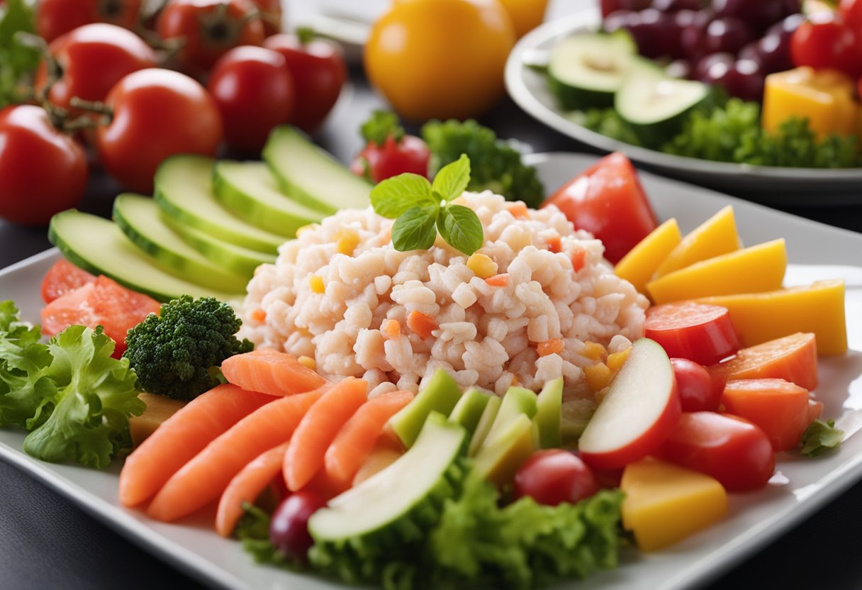 A plate of imitation crab meat surrounded by colorful vegetables and fruits, showcasing a balanced and nutritious composition