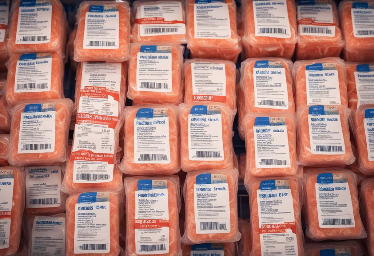 A pile of imitation crab meat packages with a "Frequently Asked Questions" label on a supermarket shelf
