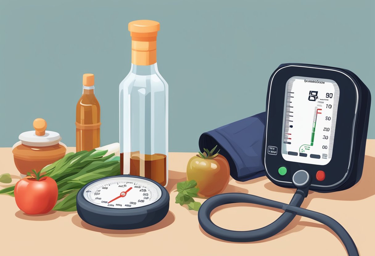 A bottle of fish sauce next to a blood pressure monitor, with a question mark above it