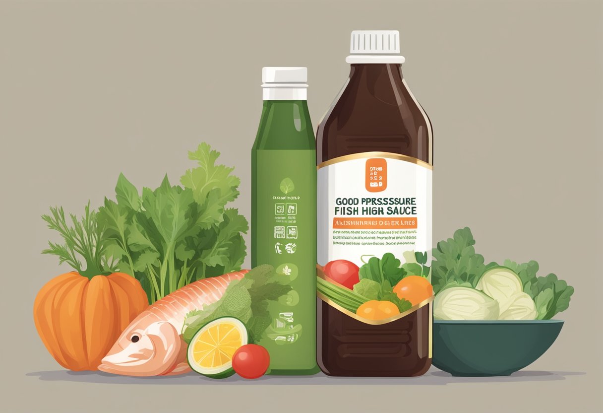 A bottle of fish sauce next to a variety of alternative dietary options, such as fresh vegetables and herbs, with a prominent label indicating "Good for High Blood Pressure."