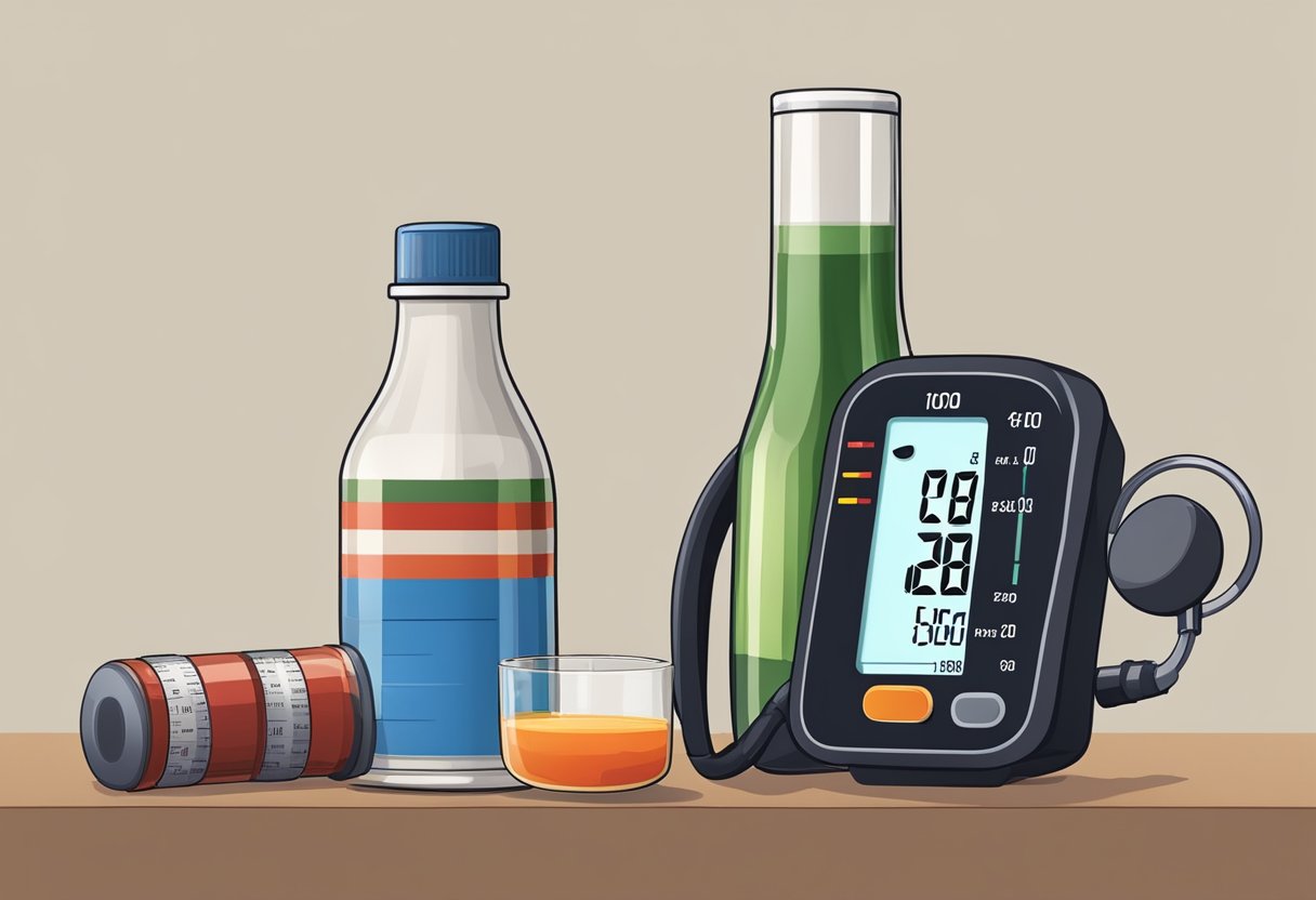 A bottle of fish sauce next to a blood pressure monitor