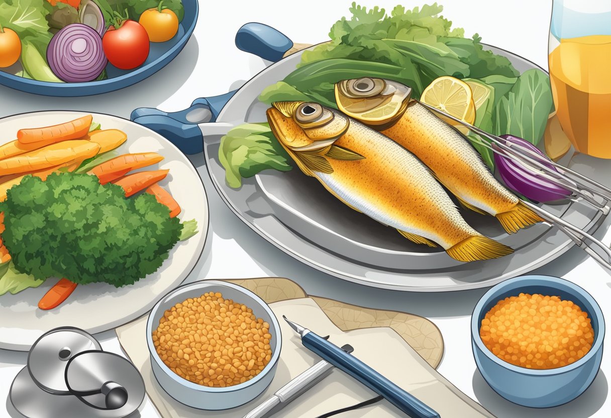 A plate of fried fish next to a variety of colorful vegetables and whole grains. A doctor's stethoscope and a cookbook are positioned nearby