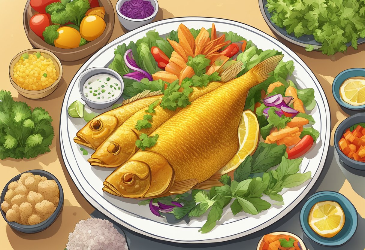A plate of golden fried fish with steaming hot sides, surrounded by a colorful array of fresh vegetables and a sprinkle of herbs