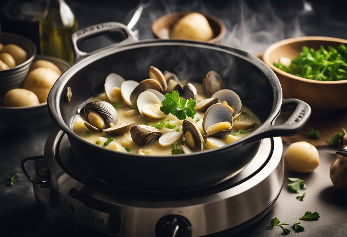 A pot simmering on the stove with fresh clams, diced potatoes, onions, and celery. A creamy broth being poured in, seasoned with herbs and spices