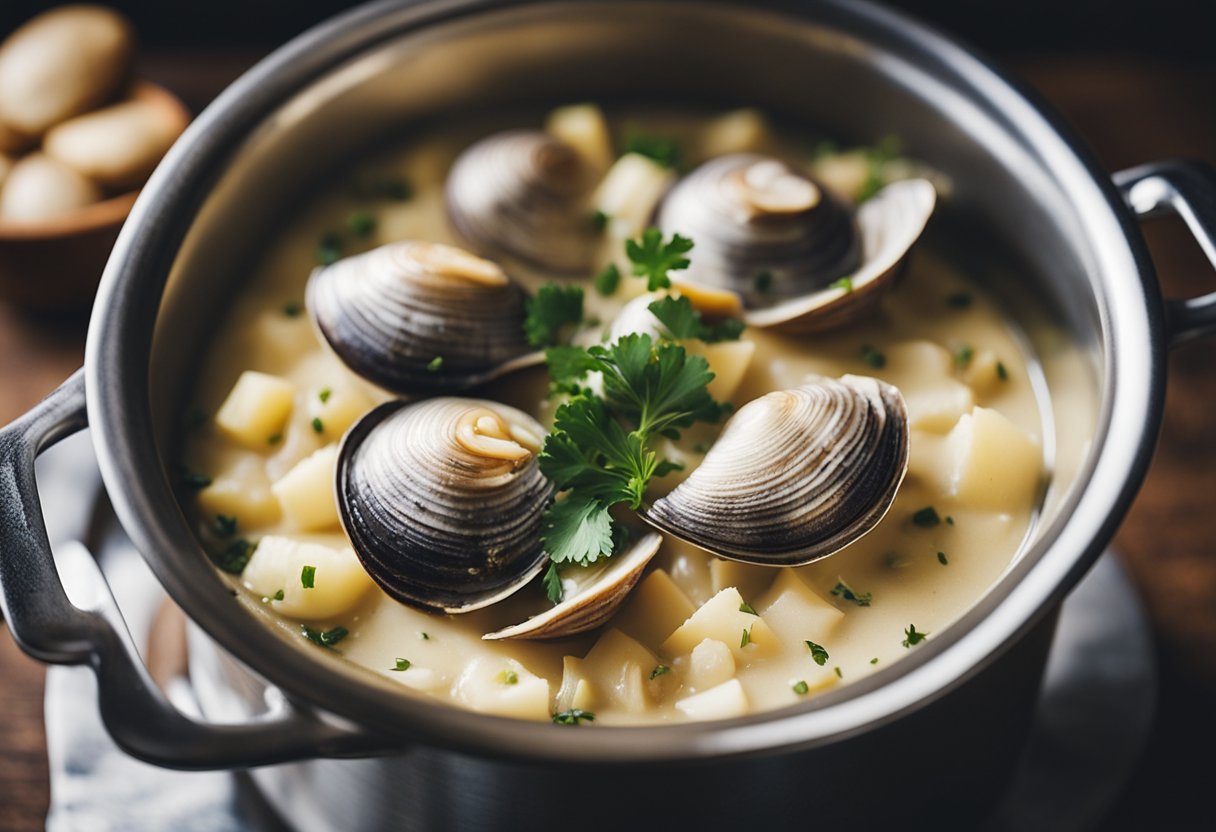 Clams being added to a bubbling pot of chowder. Onions, potatoes, and cream nearby