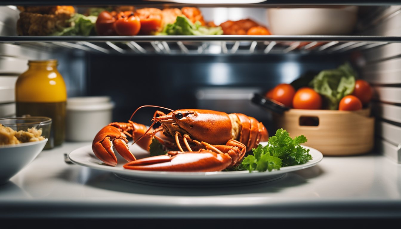 A cooked lobster sits on a plate in an open fridge, surrounded by other food items
